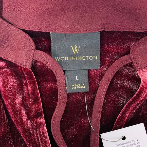 Worthington Blouse Tie Neck L Burgundy Velvet‎ Upper Bell Sleeves NWT - Picture 3 of 11